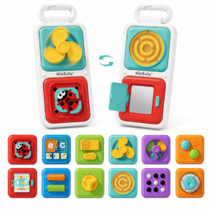 NikBaby Portable Busy Board Set for 1 year old, Travel Toys for 1-3 | 12-in-1 sensory busy boards, 6 activity blocks, clip-on sleeve, fidget fun, gifts for toddler boys & girls